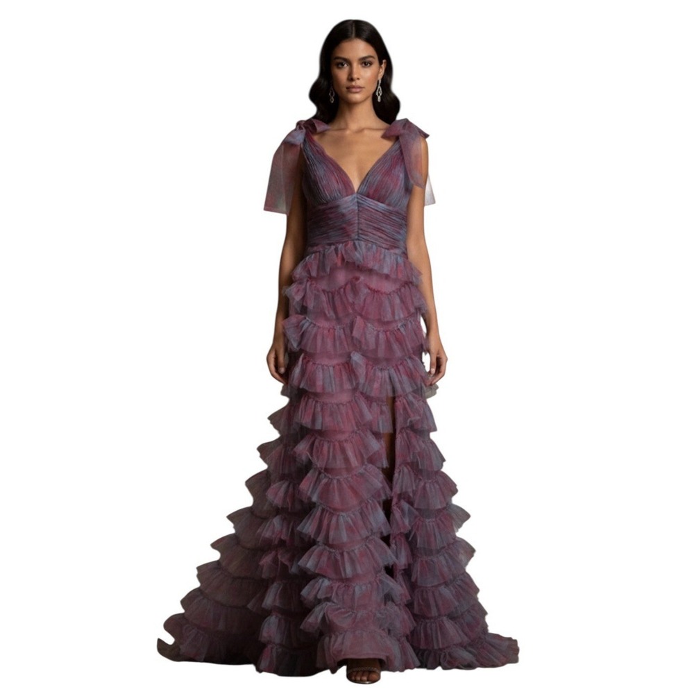 Jovani Gown Tiered Ruffle Mesh Size 4 Train One Of A‎ Kind Romantic Prom Dress